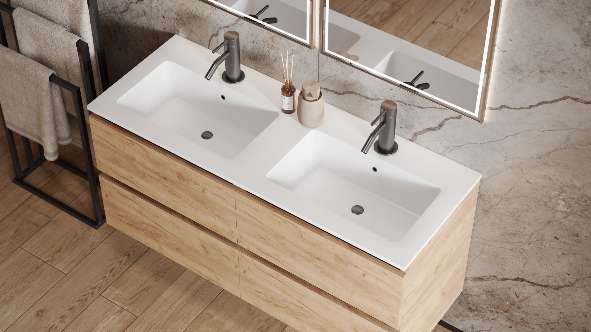 SCHADEMODEL: Saniclear Cosmos fine stone wastafel dubbel 120x46cm met kraangaten mat wit