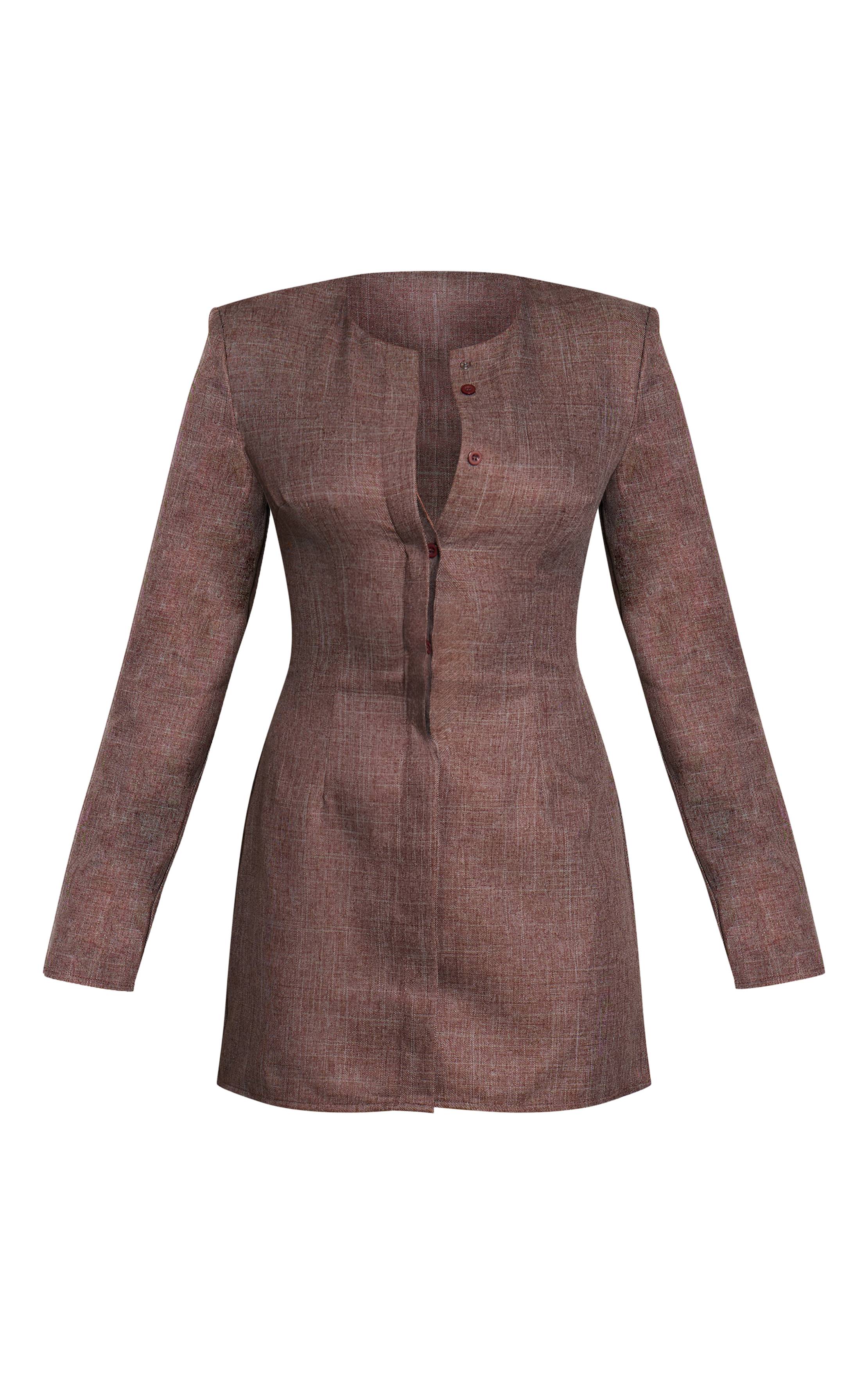 Chocolat Robe Blazer Chocolat Tissée À Manches Longues Boutonnée