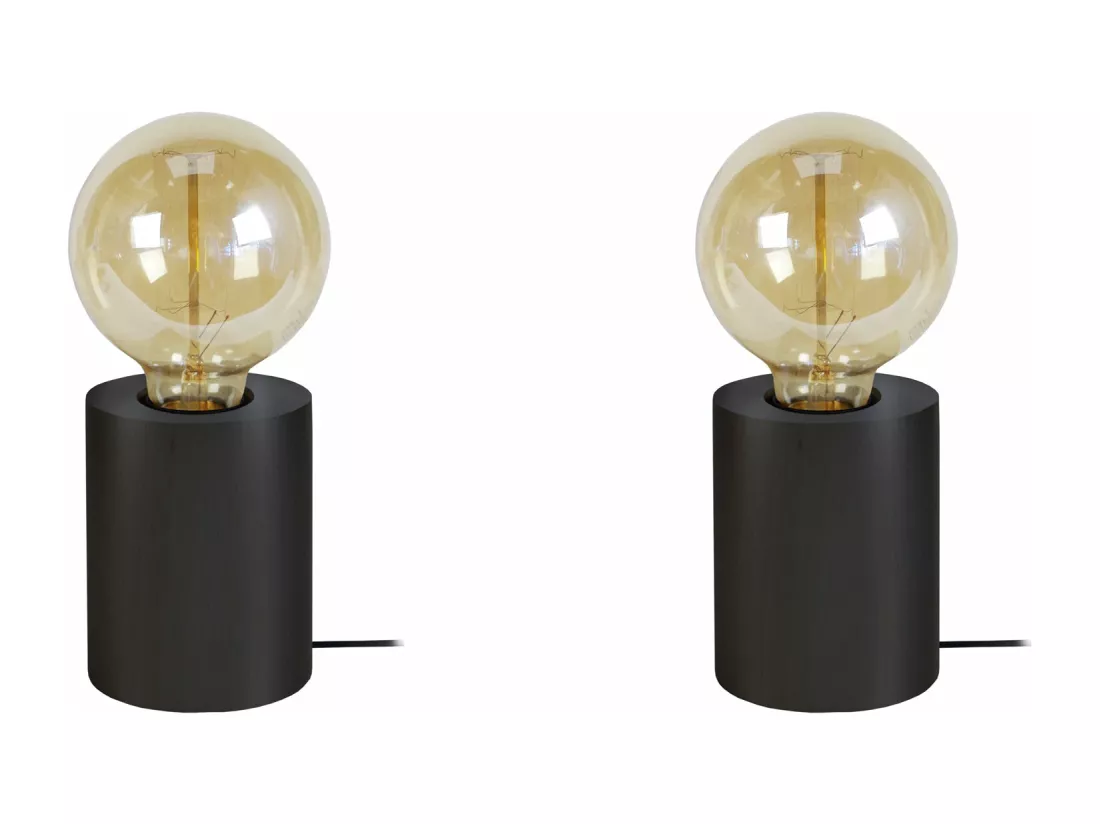 Pair de Lampes de chevet cylindre bois noir 21 cm.