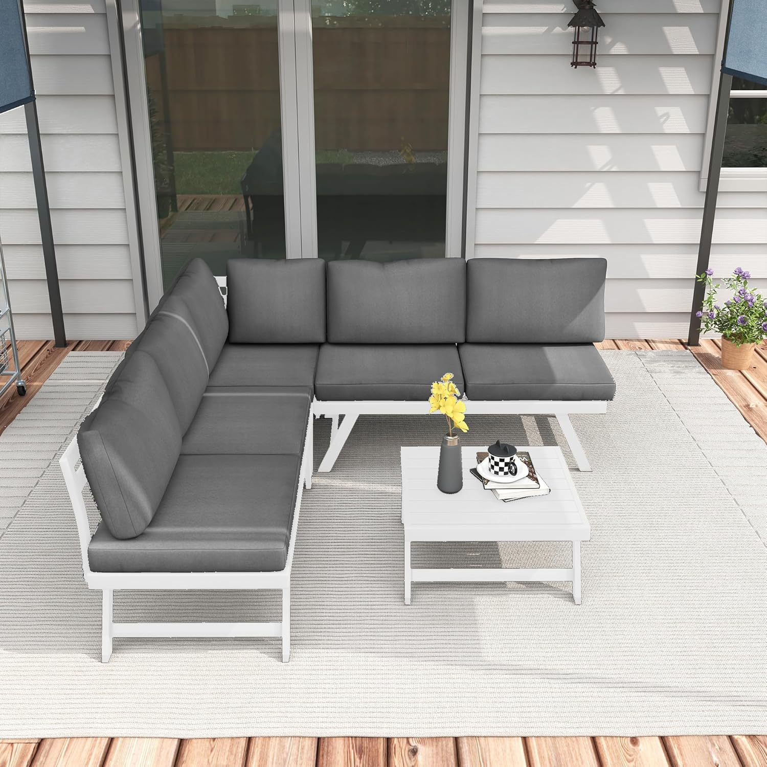 Outsunny 4-TLG. Gartenmöbel-Set, Gartenlounge-Set mit Ecksofa, Doppelsofa, Couchtisch, Sitzkissen, Gartensitzgruppe, Balkonmöbel-Set für Terrasse, Grau