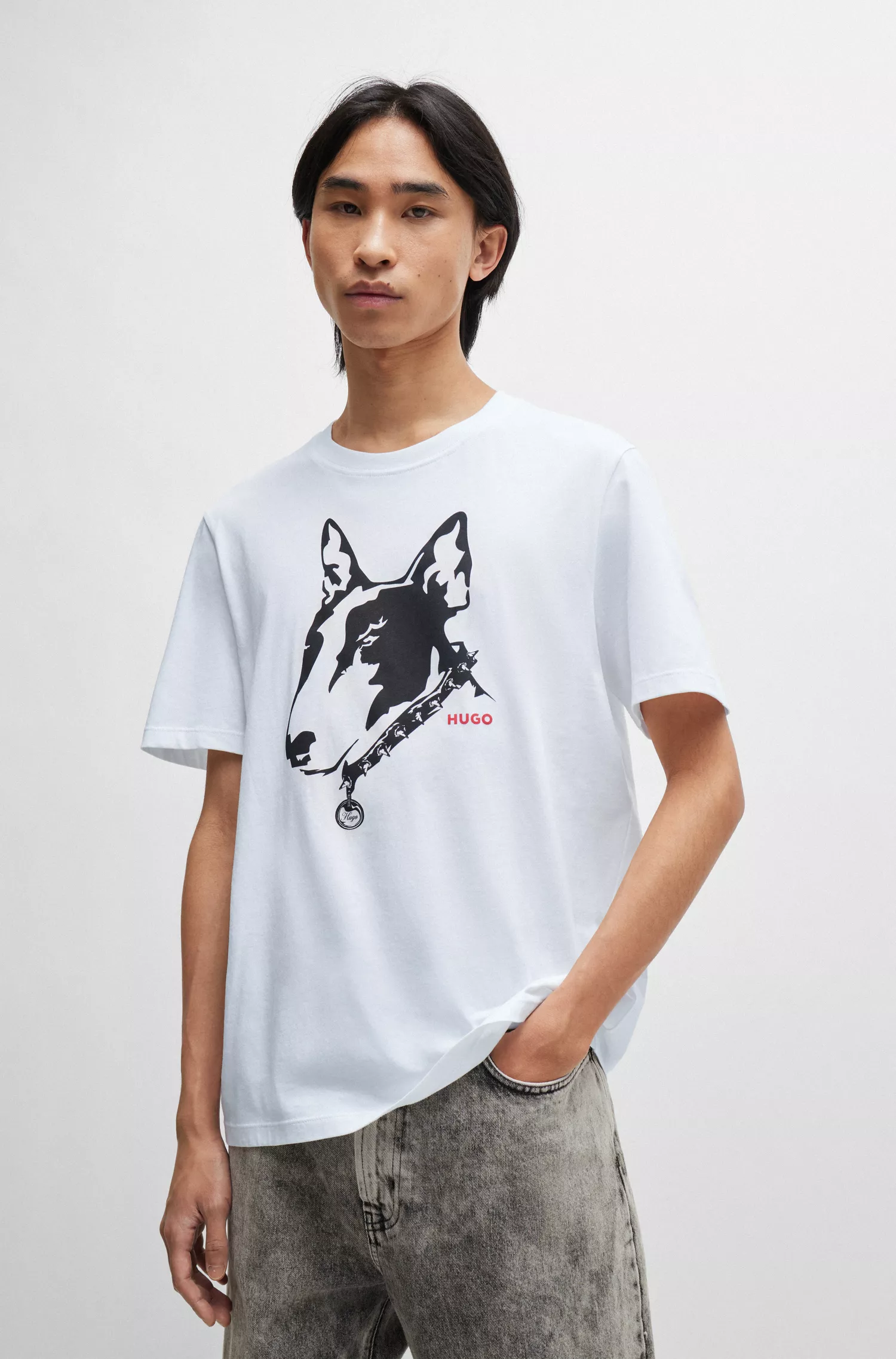 Camiseta HUGO vermelha em malha de algodão com estampa de cachorro
