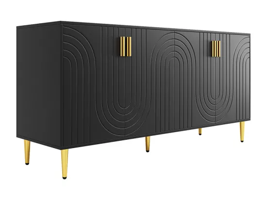 Buffet noir (152 x 40 x 75 cm), design unique en forme de vague, poignées et pieds dorés