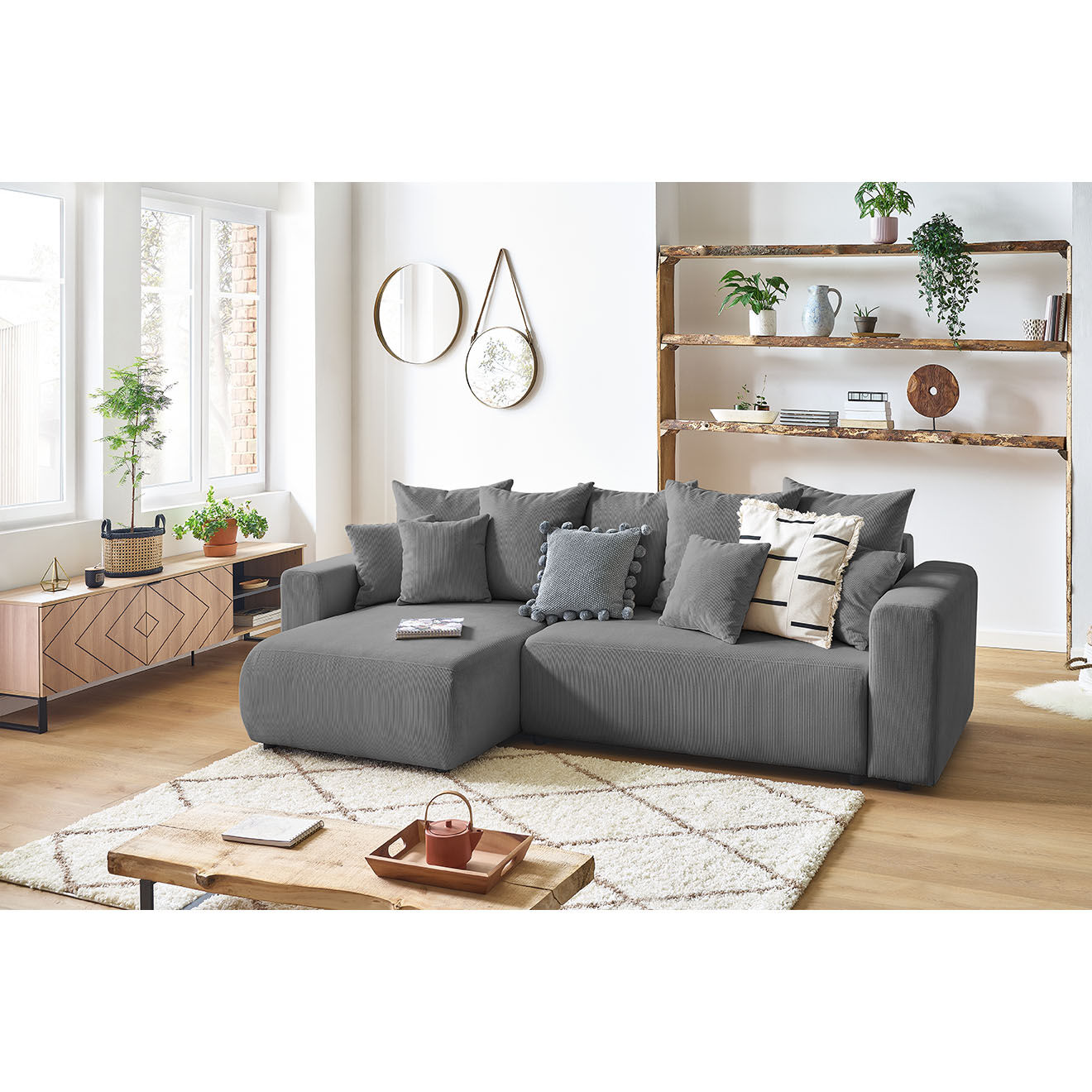 Bobochic Canapé d'angle convertible reversible velours côtelé Envy gris foncé - 282x153x95 cm