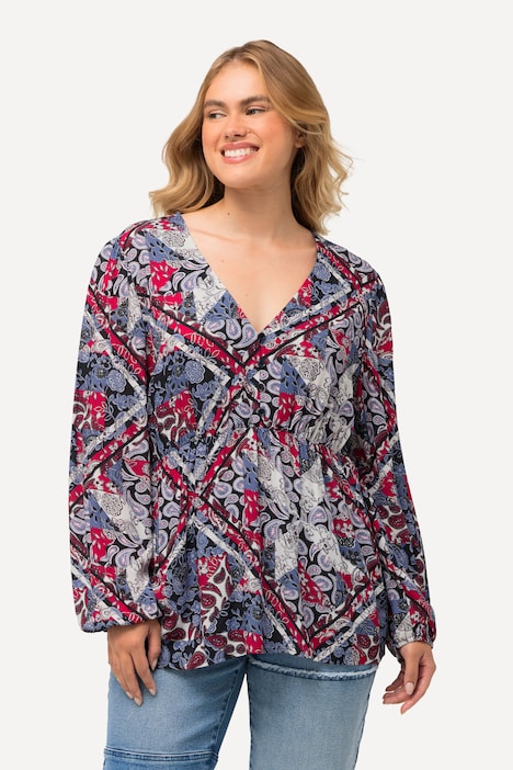 Bluse, Patchmuster, Schößchen, V-Ausschnitt, Langarm
