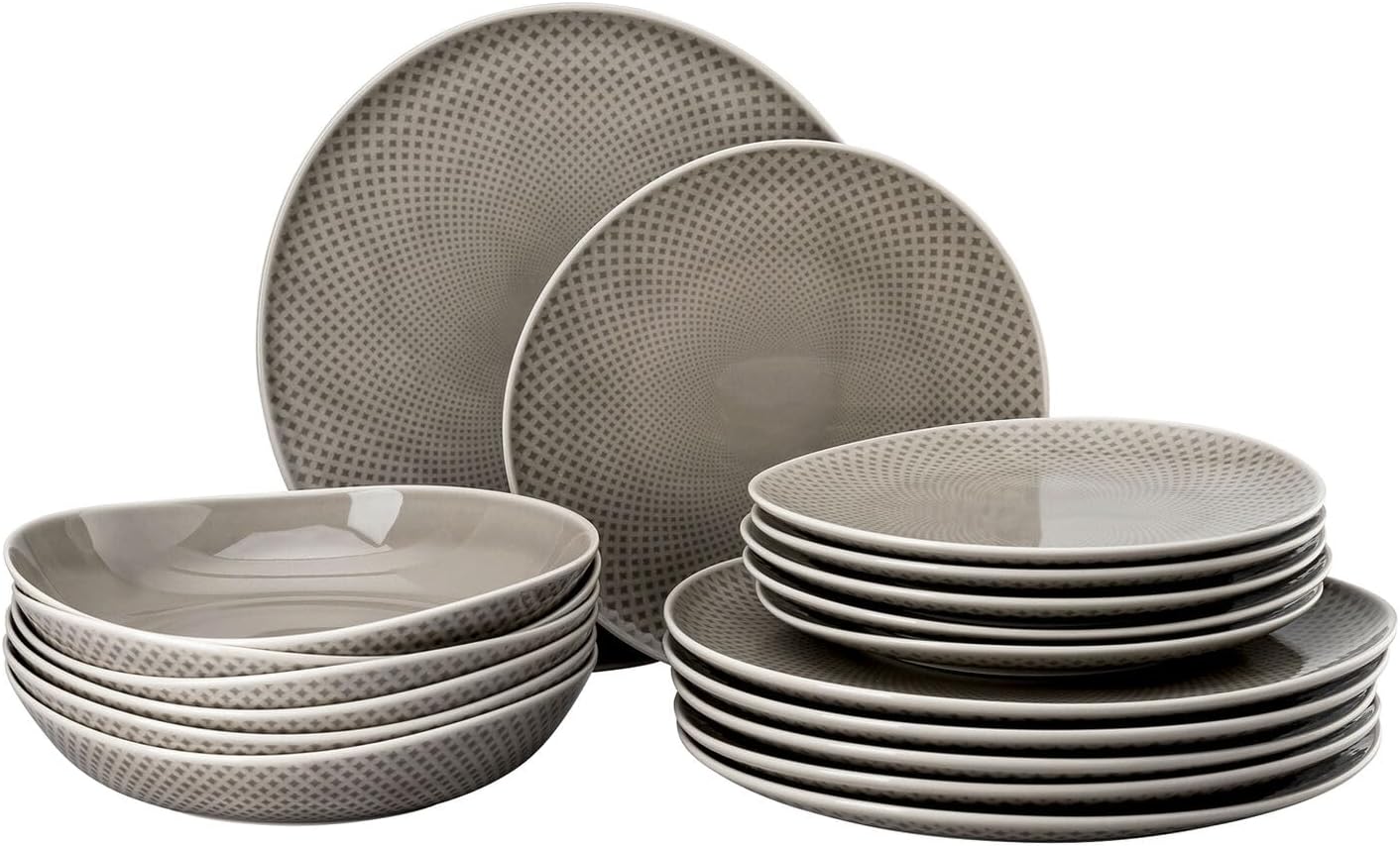 Junto Pearl Grey, grau, Set 18-tlg., Porzellan, Pearl Grey, Speiseteller Ø 22 cm und Tiefe Teller Ø 21,5 cm, Spülmaschinen- und Mikrowellenfest, Set für 6 Personen