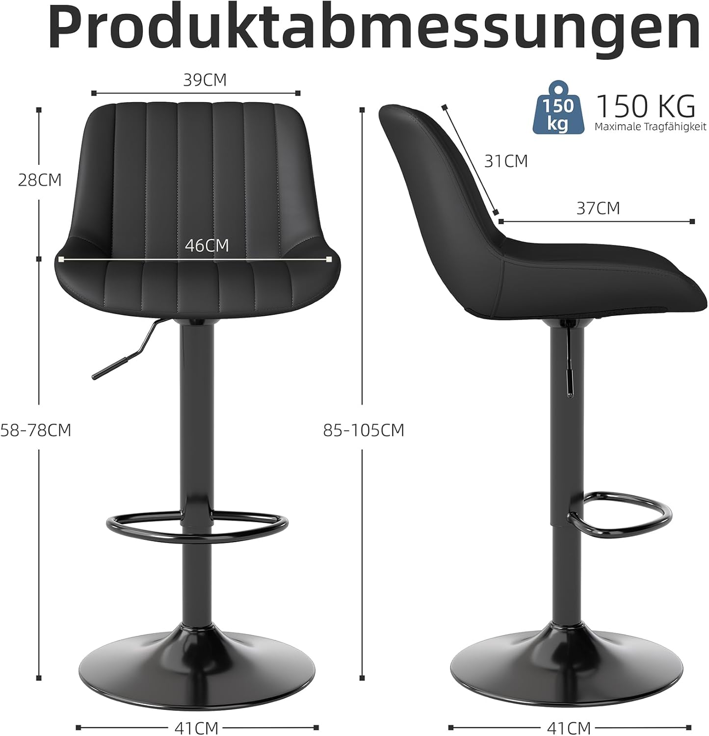 Youhauchair Barhocker 2er Set, Drehbare Barhocker mit Lehne, Höhenverstellbar aus PU-Leder, Moderner Barstuhl Küchenhocker Bar Hocker Bar Stool, Schwarz