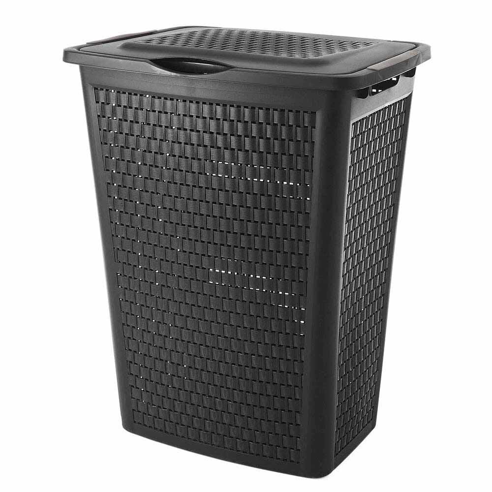 Panier à linge avec poignées et couvercle design rotin noir 50 L