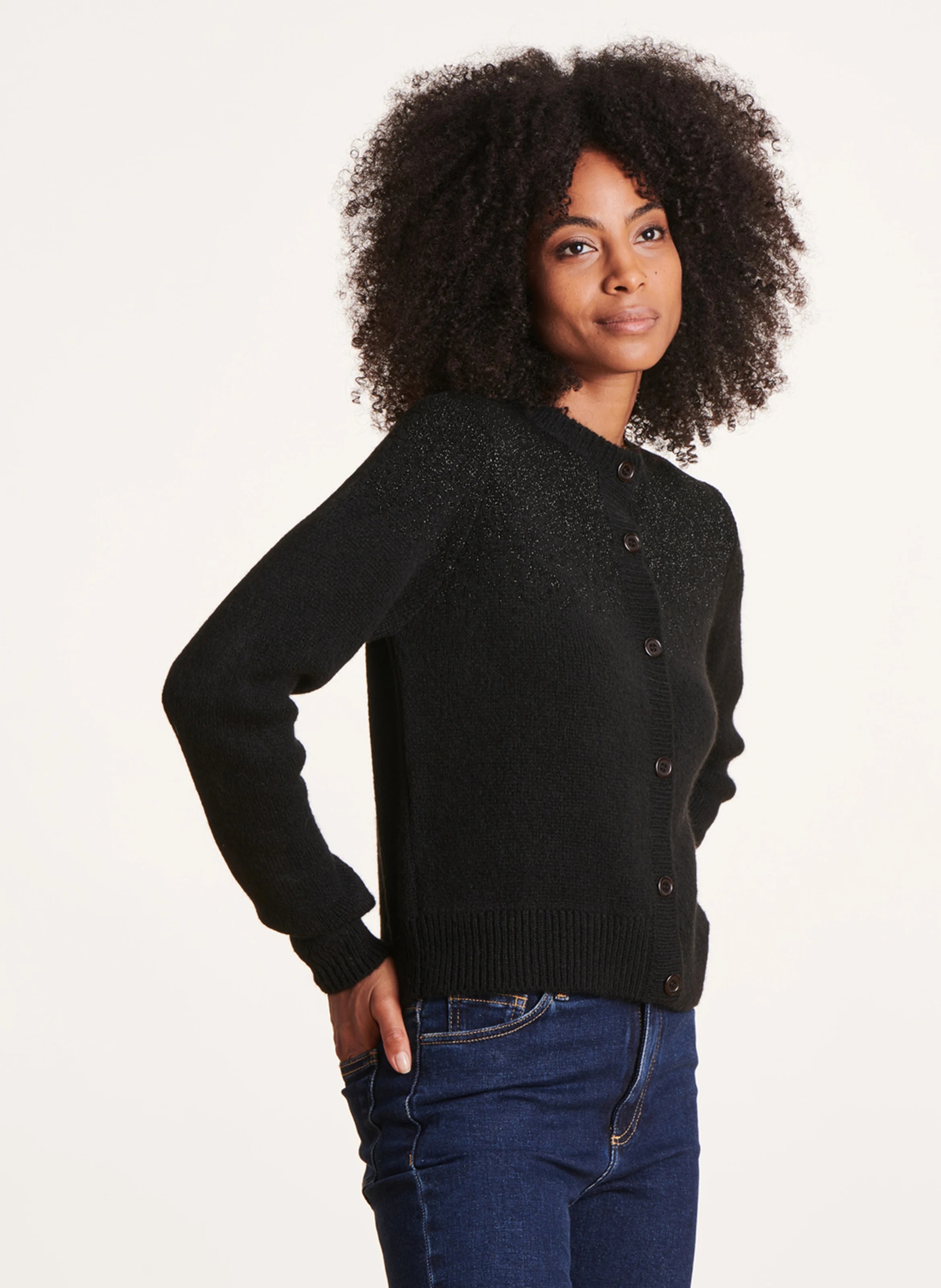 Cardigan col rond droit pailleté | Noir