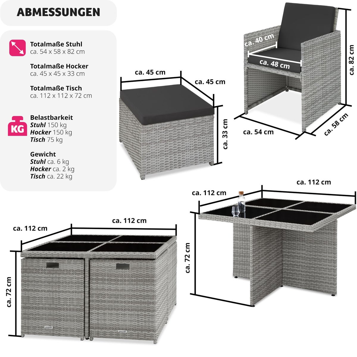 tectake Manhattan rotan zitgroep met aluminium frame, 2 sets hoezen, inklapbaar, inclusief beschermhoes