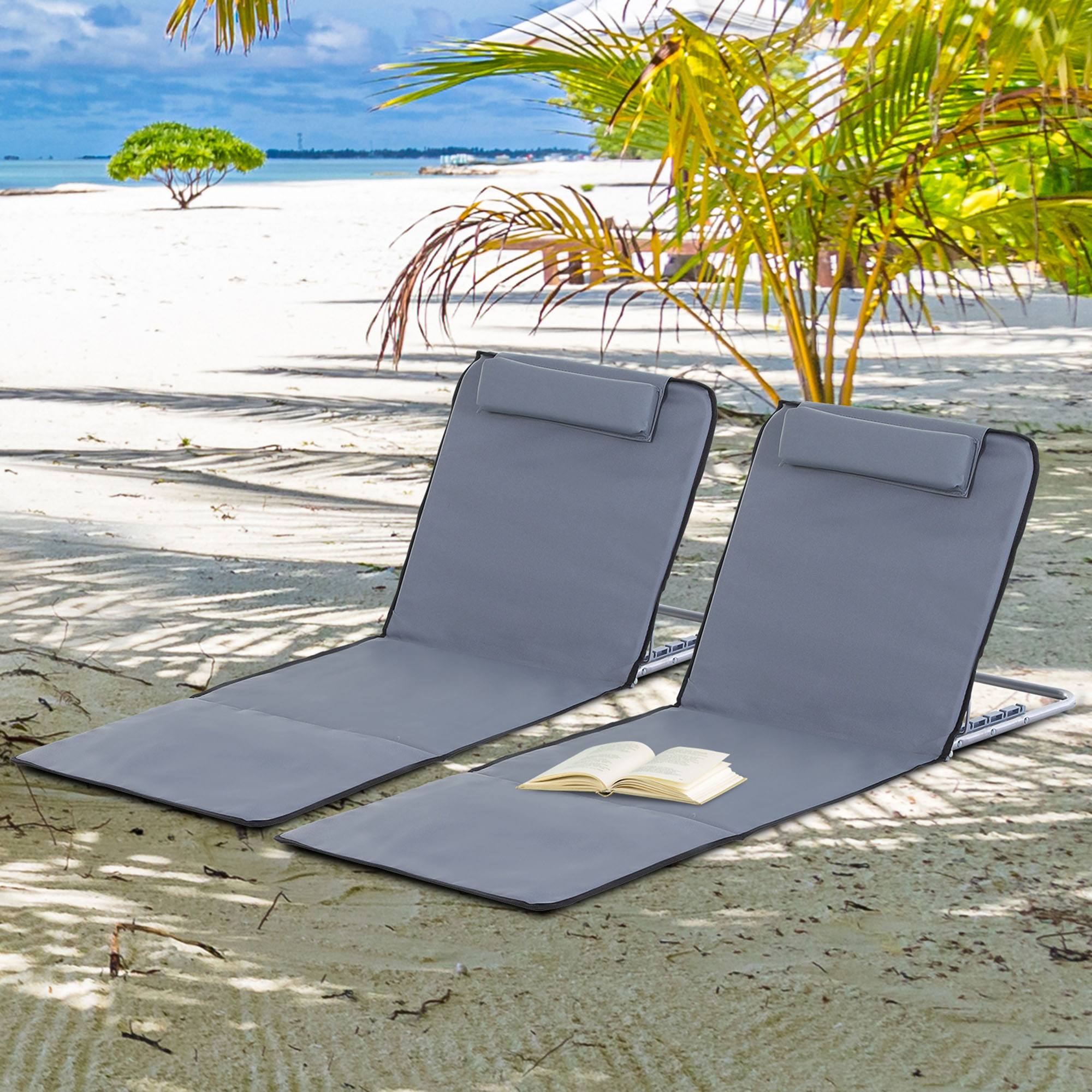 Conjunto de 2 esteiras de praia dobráveis Outsunny com encosto reclinável em 5 níveis, apoio de cabeça e bolsa de transporte, 134x48x33-43 cm, cinza