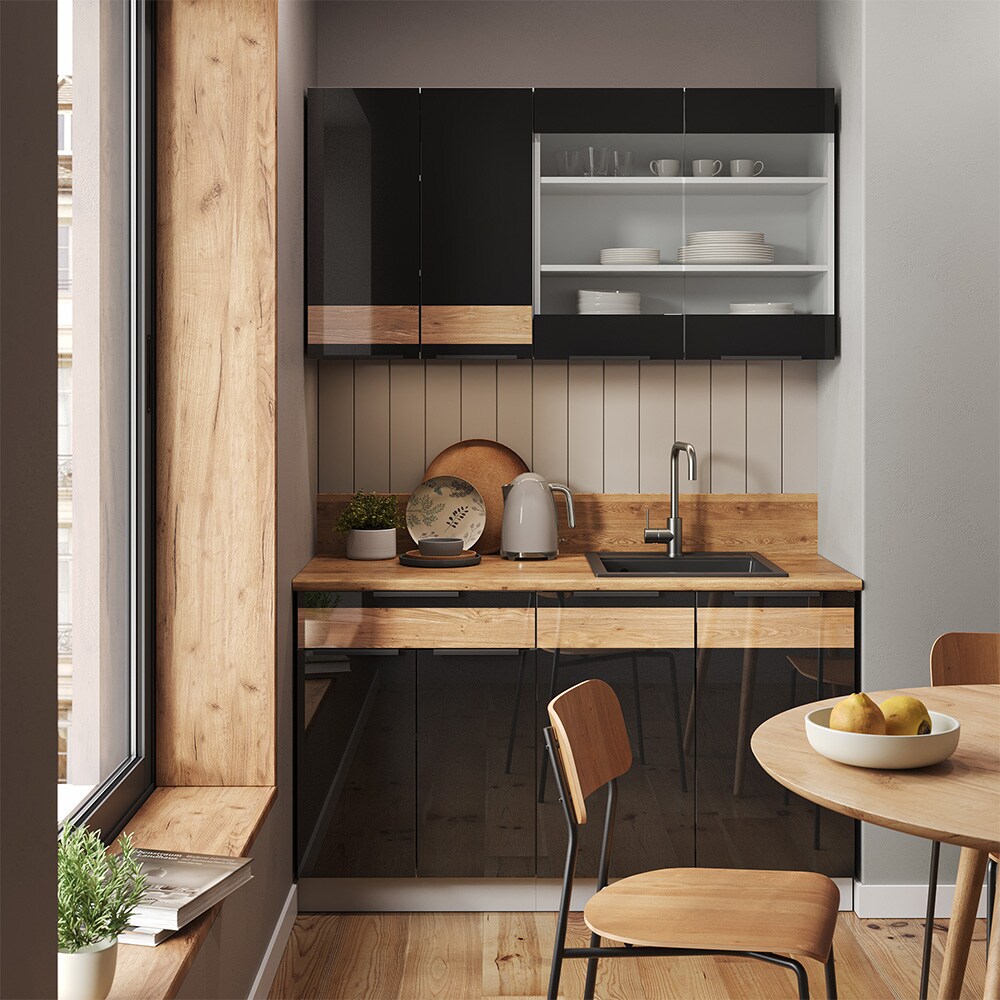 Vicco Küchenzeile Küchenblock Einbauküche Fame-Line Weiß Schwarz Eiche 140 cm modern Hochglanz Küchenschränke Küchenmöbel