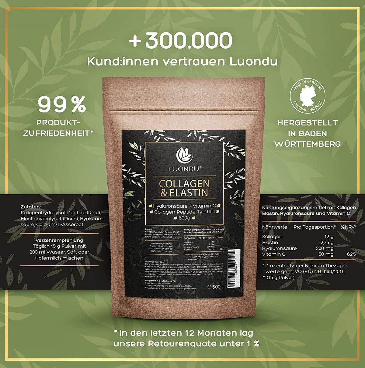 Kollagen Pulver mit Elastin, Hyaluron, Vitamin C von Luondu