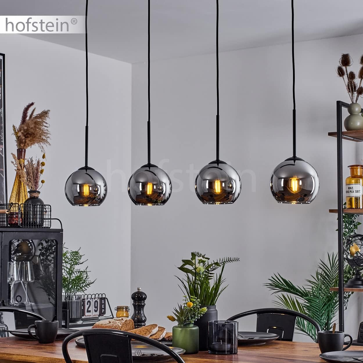 Hängeleuchte Koyoto, Hängelampe aus Metall/Glas in Schwarz/Chromfarben, Leuchte 4-flammig im Vintage/Retro Design mit Schirmen aus Glas (Ø 15 cm), Höhe max. 147,5 cm, 4 x E27, ohne Leuchtmittel