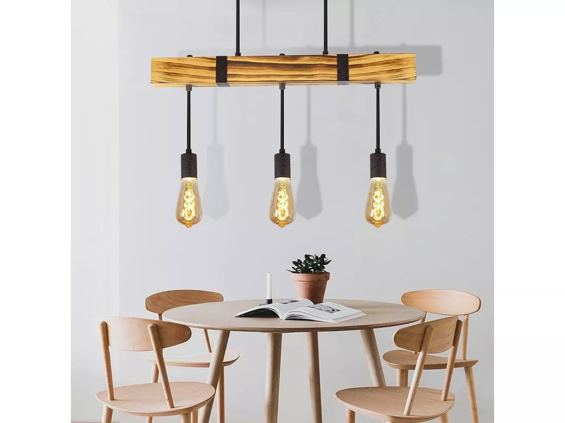 NETTLIFE Suspension 3xE27 rétro Diam.61cm vintage en poutres en bois Hauteur Réglable max.25W pour salle à manger Salon
