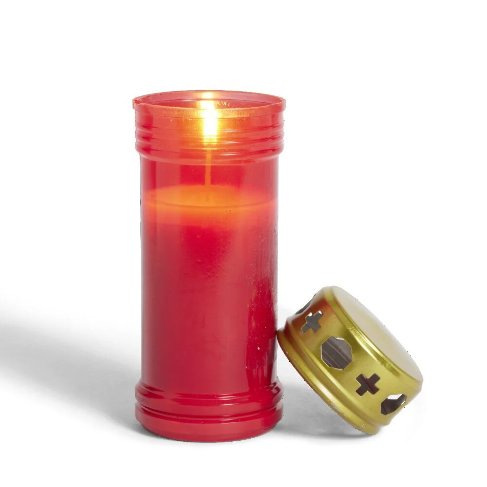 Bougie funéraire 55H rouge et doré Ø6xH16,5cm