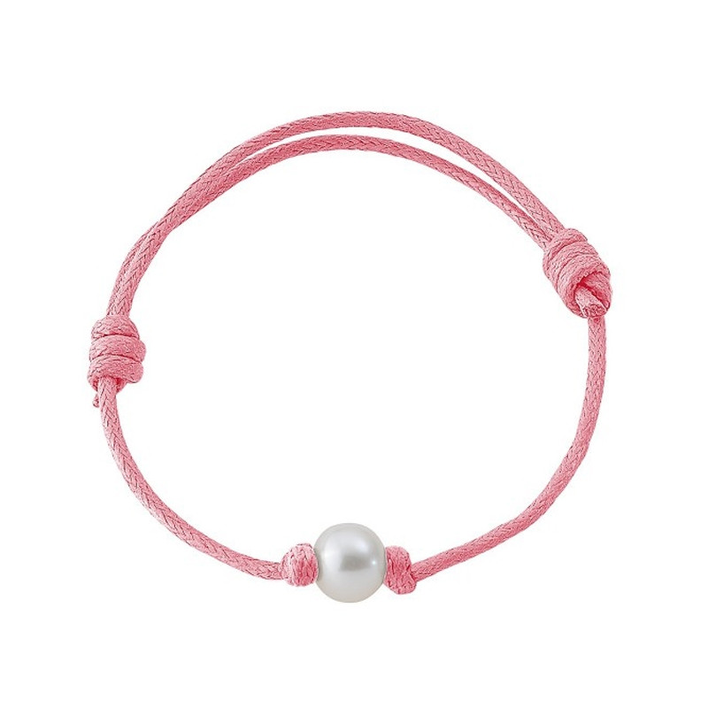 Bracelet Perle de culture Blanche et Coton Ciré Rose