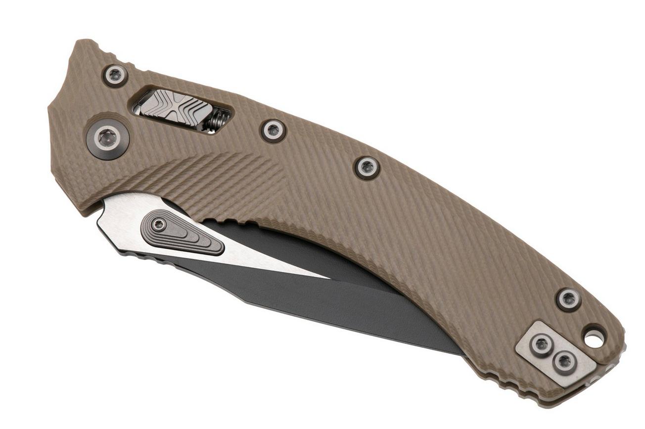 Microtech Amphibian 137RL-1FLGTTA, Two Tone Black M390MK, Fluted Tan G-10 zakmes