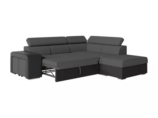 Canapé d'angle droit 3 places Soan convertible en simili et tissu - Gris / Noir - L262 x P220 x H76cm - Loungitude