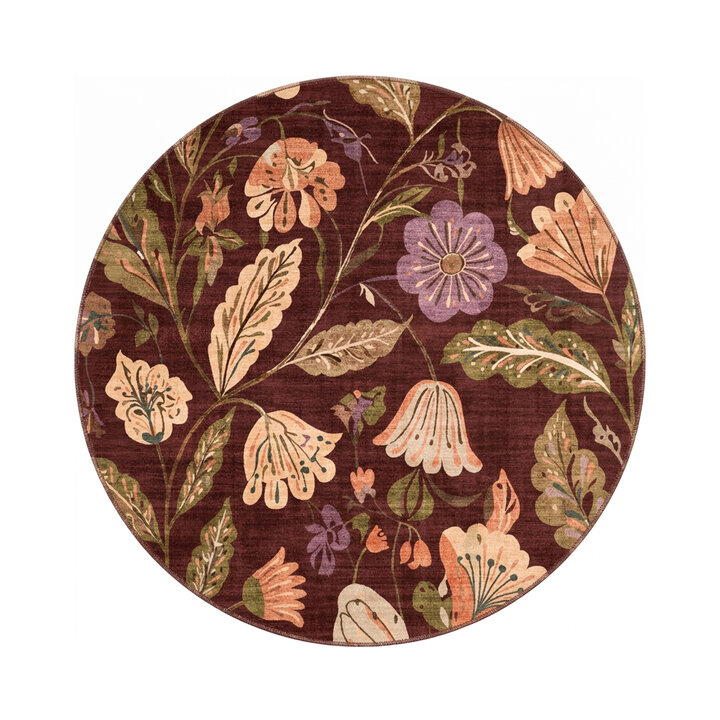 Rond wasbaar vloerkleed - Misty Flowers Bruin | Wasbaar