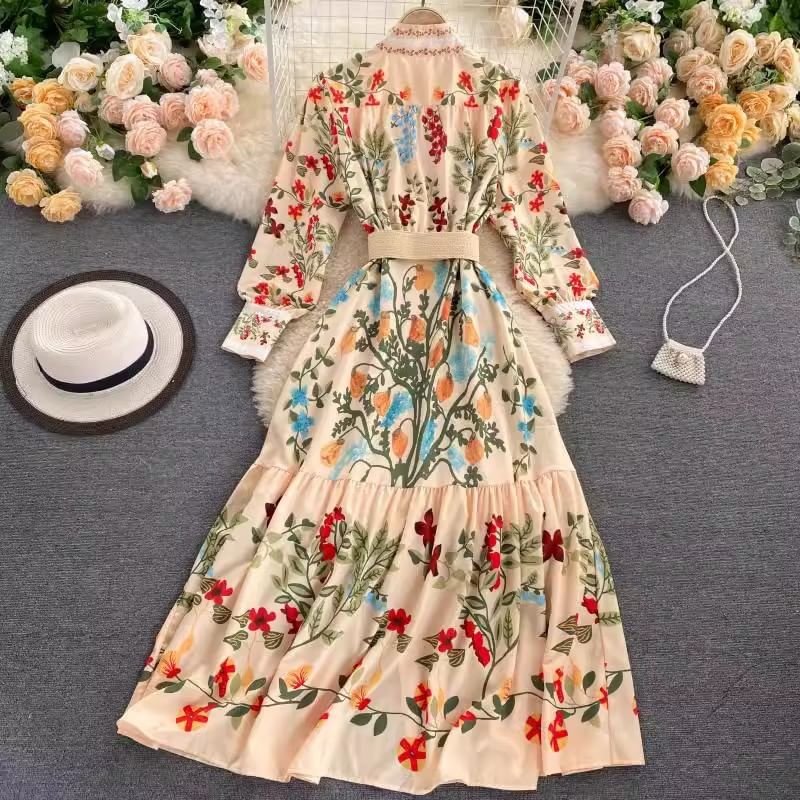 sunnysnow - Set: Maxi-jurk met lange mouwen, opstaande kraag, bloemenprint, knoopjes en riem