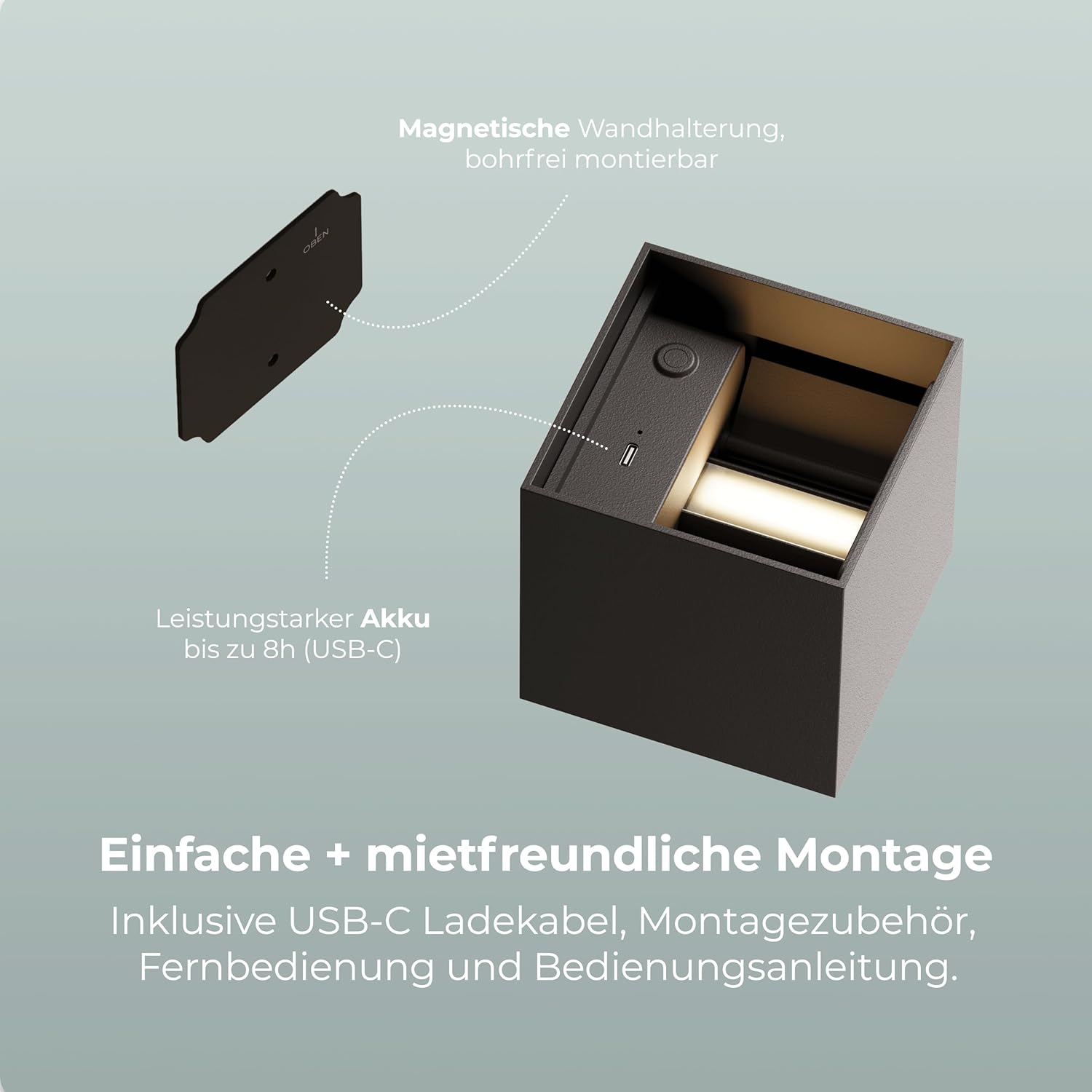 NEONA XENA Akku LED Wandleuchte schwarz – kabellos, dimmbar, magnetisch, per Touch + Fernbedienung, Bewegungssensor, 8Std Laufzeit, Aluminium, warmweiß