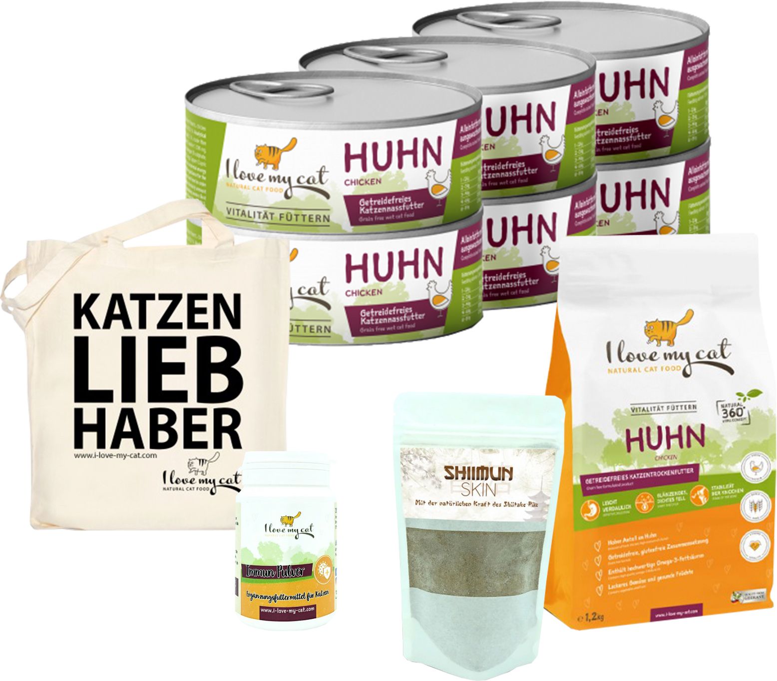 I love my cat Sparset für Sibirische Katze Nassfutter und Trockenfutter mit Huhn Nahrungsergänzung
