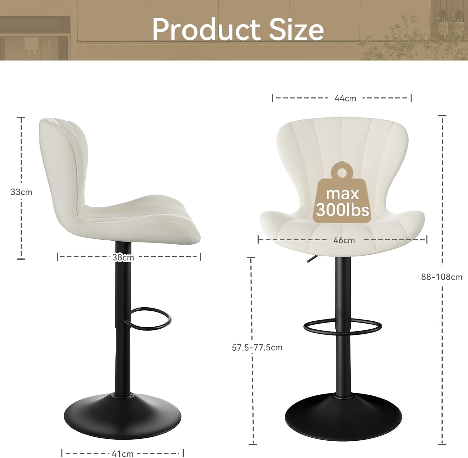 Barhocker 2er Set Höhenverstellbar Barstühle 360° Drehstuhl mit Rückenlehne Küchenstühle mit Fußstütze PU-Leder für die Küche/Wohnzimmer/Bar/Esszimmer Weiß