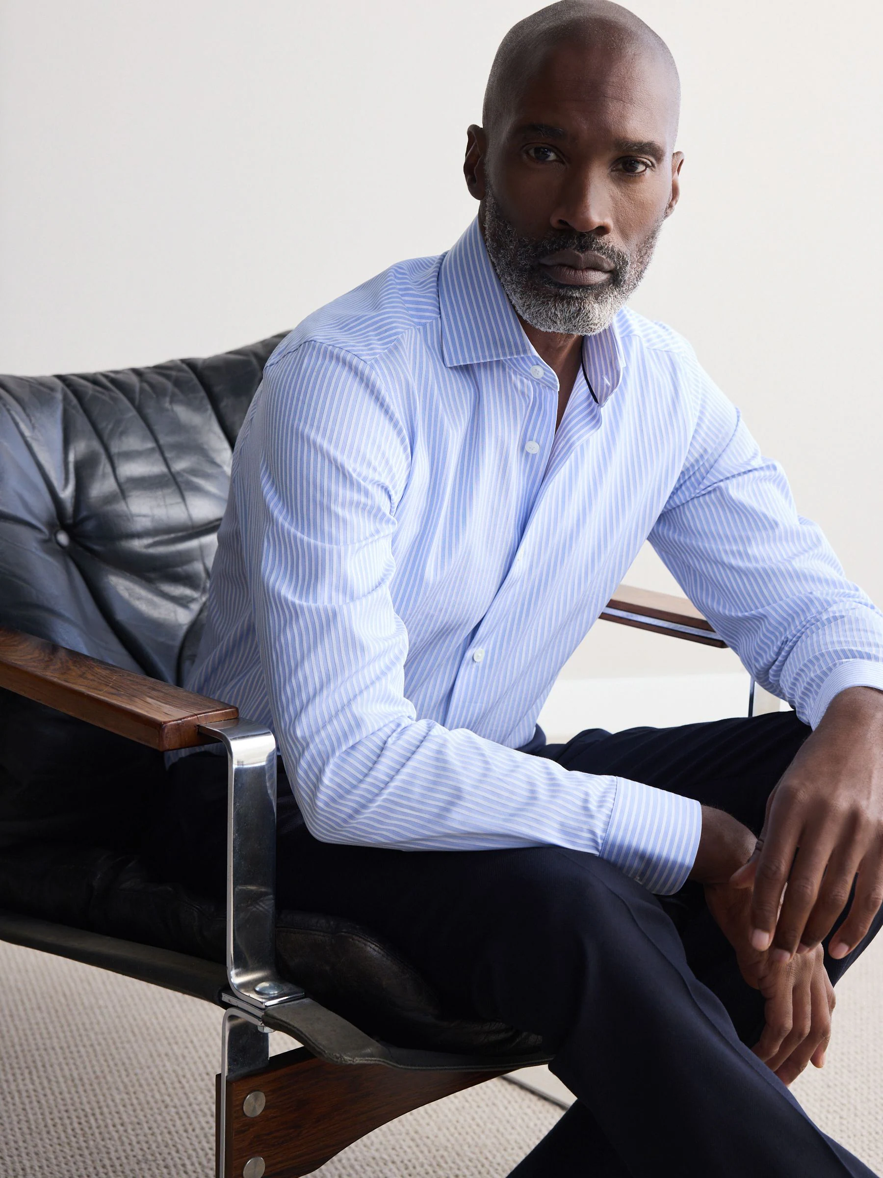 Blauw gestreept - Slim Fit Signature Single Cuff Texture Pima Cotton Shirt With Cutaway Collar
