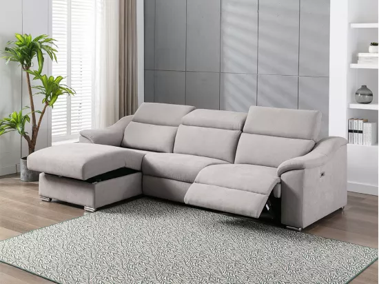 Canapé d'angle relax électrique en tissu gris clair PEDRERA - Angle gauche