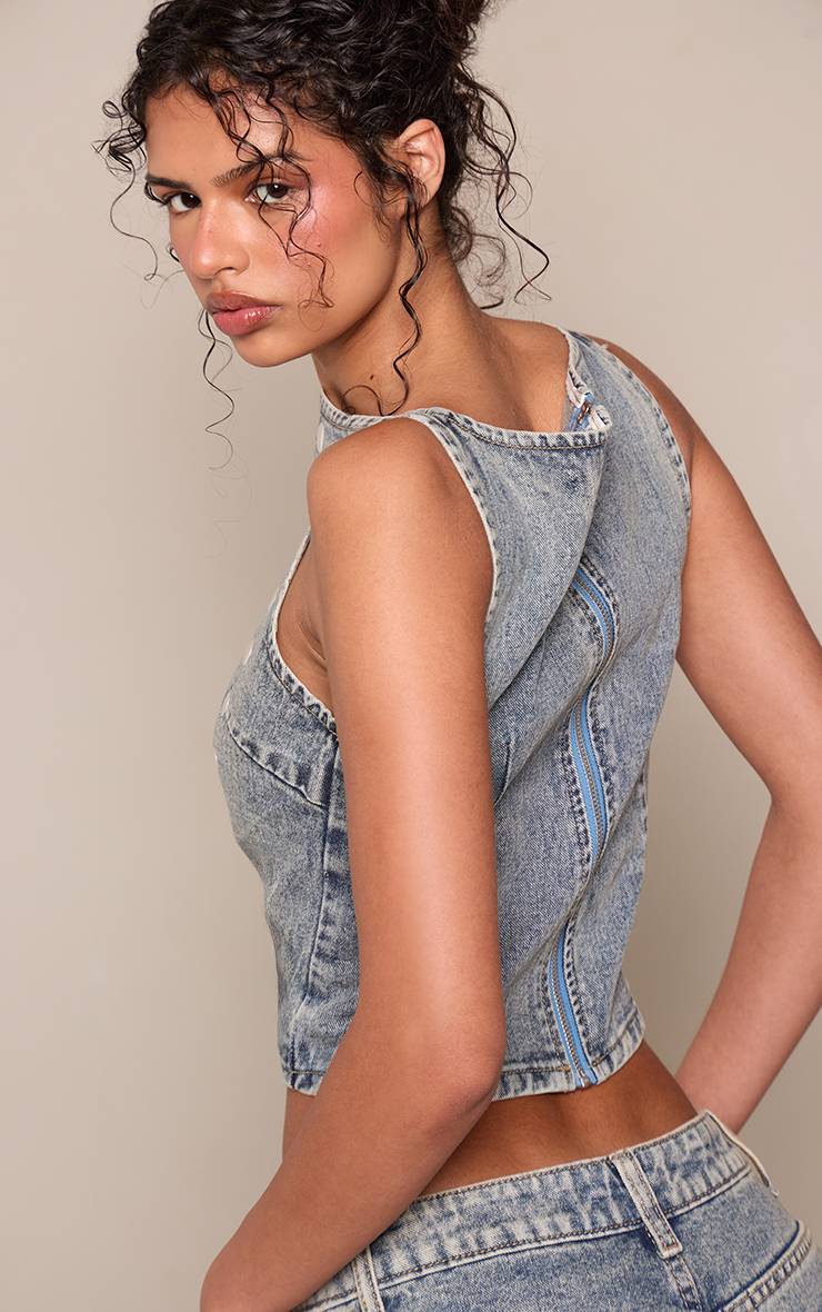 Vintage Haut En Denim Sans Manches À Clous