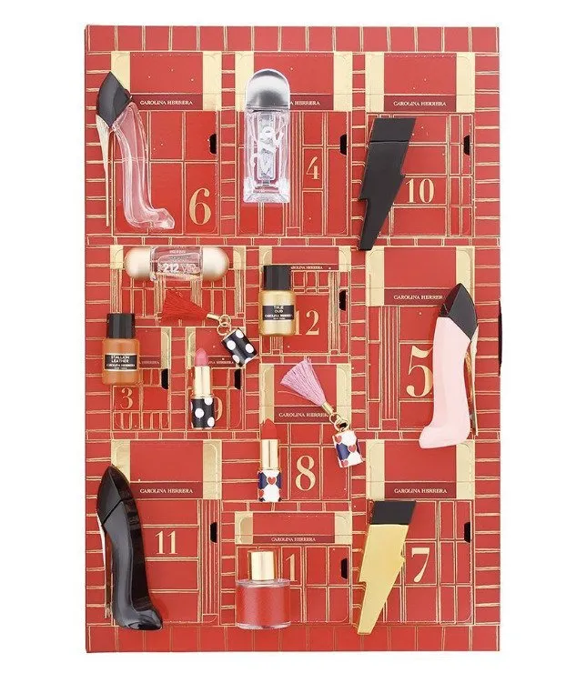 SET CAROLINA HERRERA Advent Calendar Fabulous Kiss The Lipstick Sheer 171 Rosy Date 1g   410 Alegria 1g   Good Girl Blush EDP spray 7ml   Very Good Girl EDP spray 7ml   212 Heroses EDT 7ml   212 VIP Rose EDP 5ml   True Oud EDP spray 5ml   Stallion Le