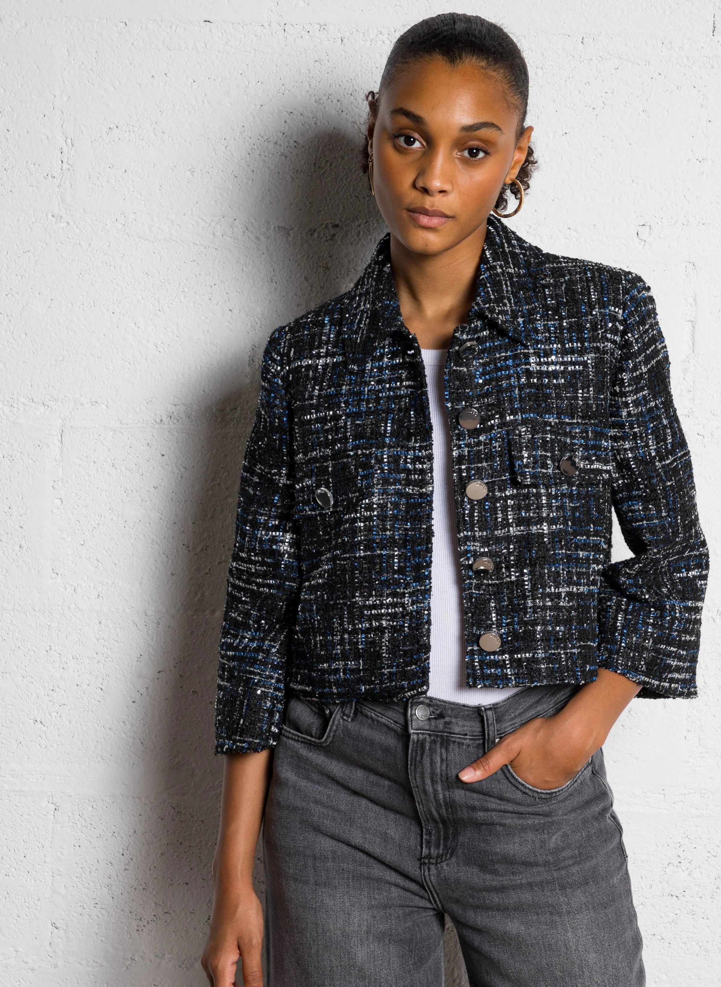 Veste courte col classique en tweed | Noir