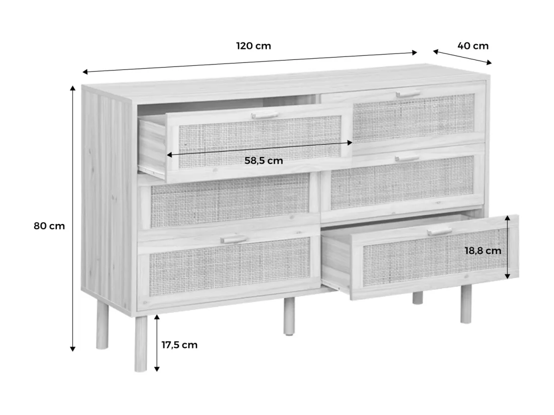 Commode 6 tiroirs cannage et effet bois CAMARGUE L 120 x P 40 x H 80cm