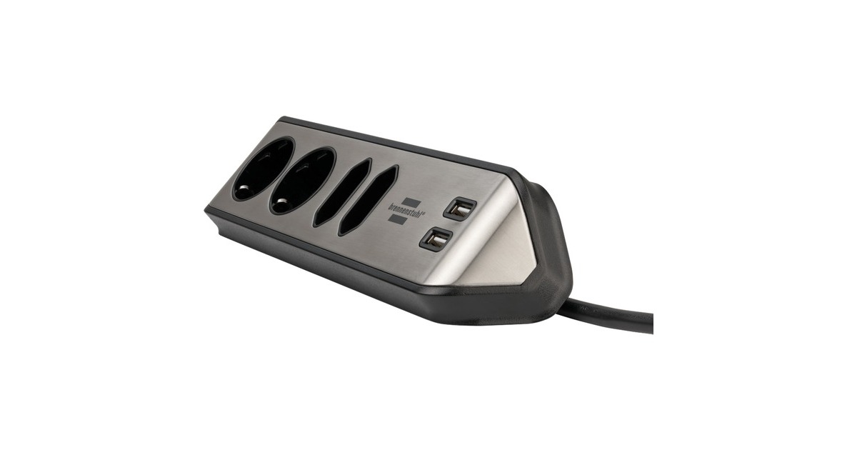 BrennenstuhlEstilo Hoekstekkerdoos 4-voudig stekkerdoos  (Zwart/roestvrij staal, 2x USB)