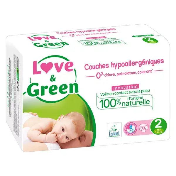 Fraldas anti-irritação Love & Green T2 3-5kg 36 fraldas