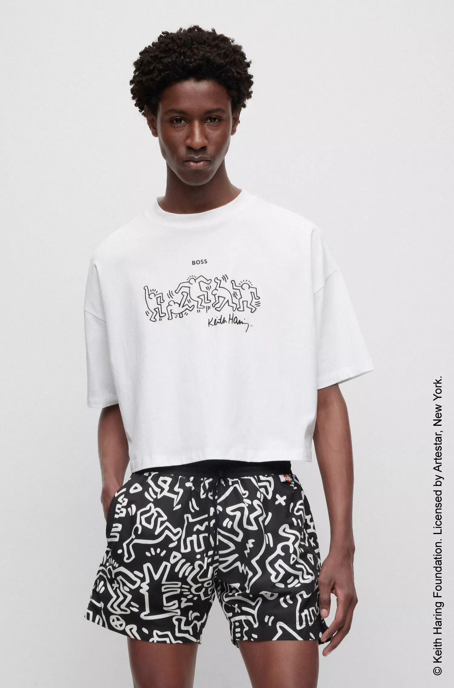 Calções de banho unissex BOSS Black-BOSS x Keith Haring em tecido reciclado de secagem rápida.