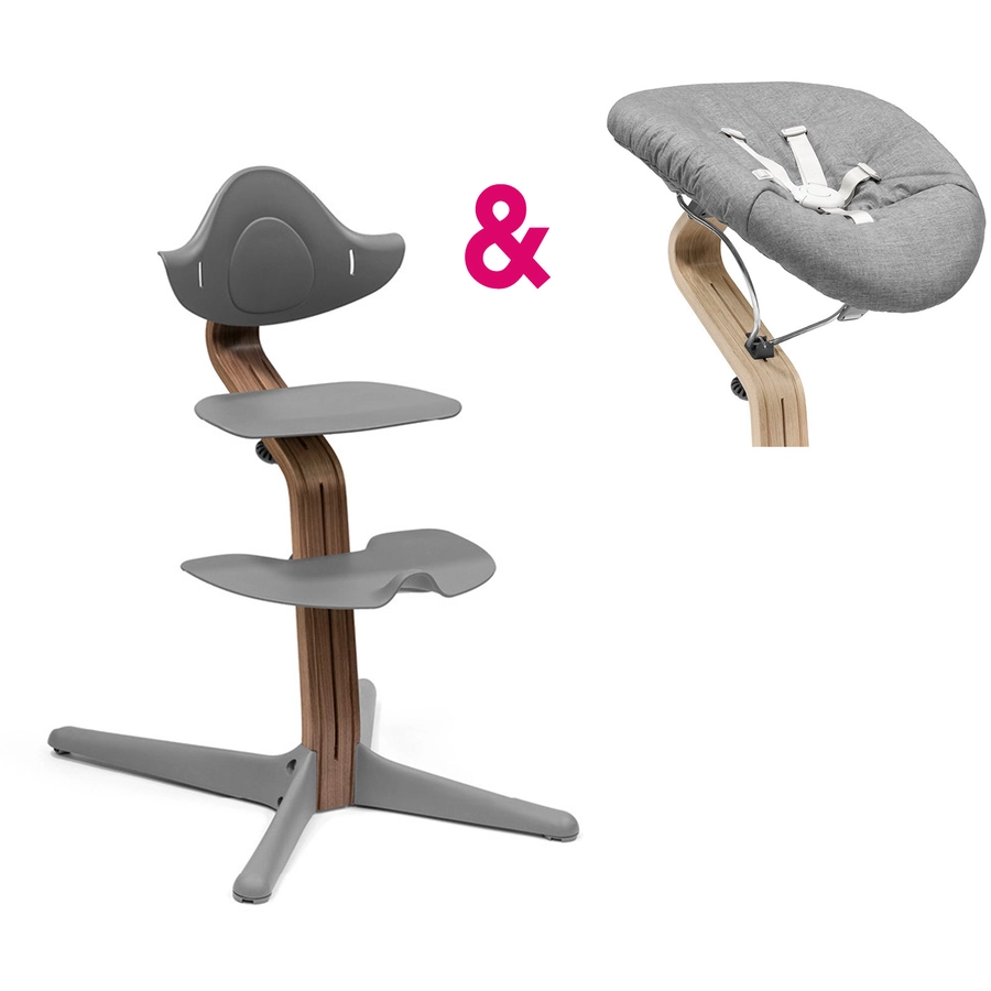 STOKKE® Nomi® Hochstuhl Walnuss  grau inkl. Newborn Set grau  grau blau