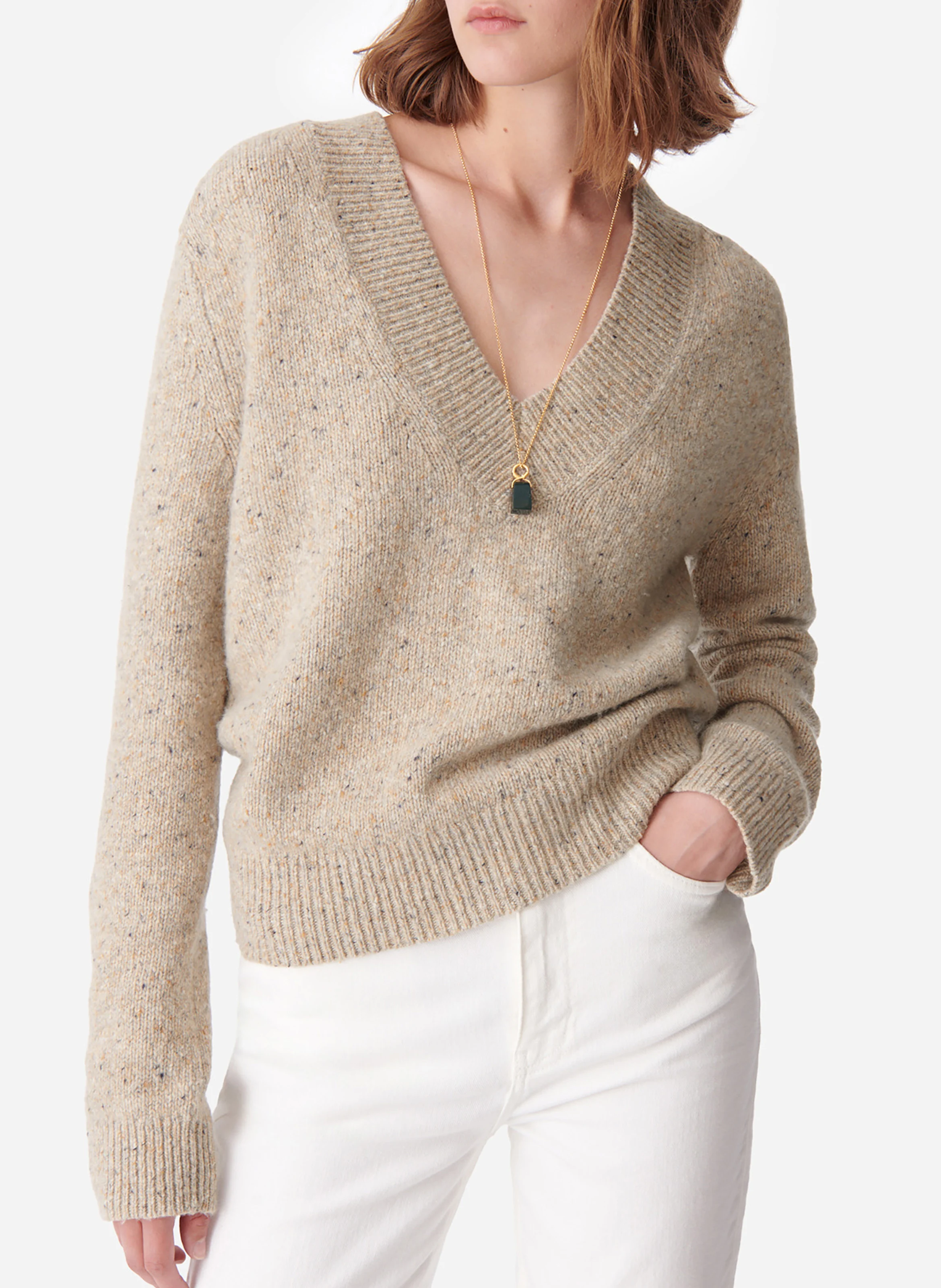 DAMITA - Pull col V droit en laine mélangée | Beige