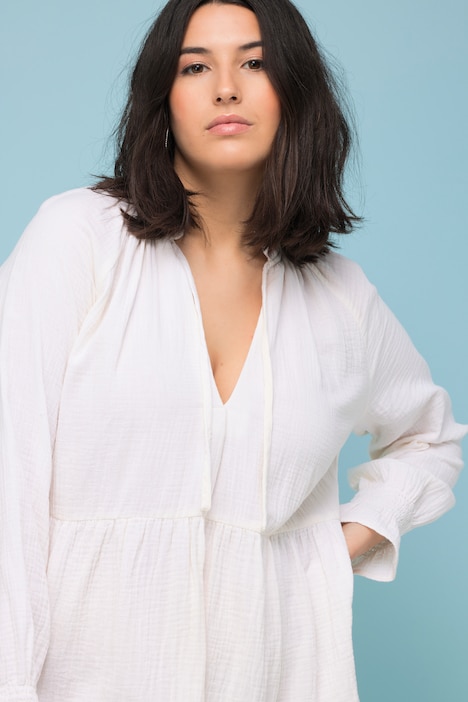 Musselin-Minikleid, A-Line, Rüschen-Ausschnitt, Langarm