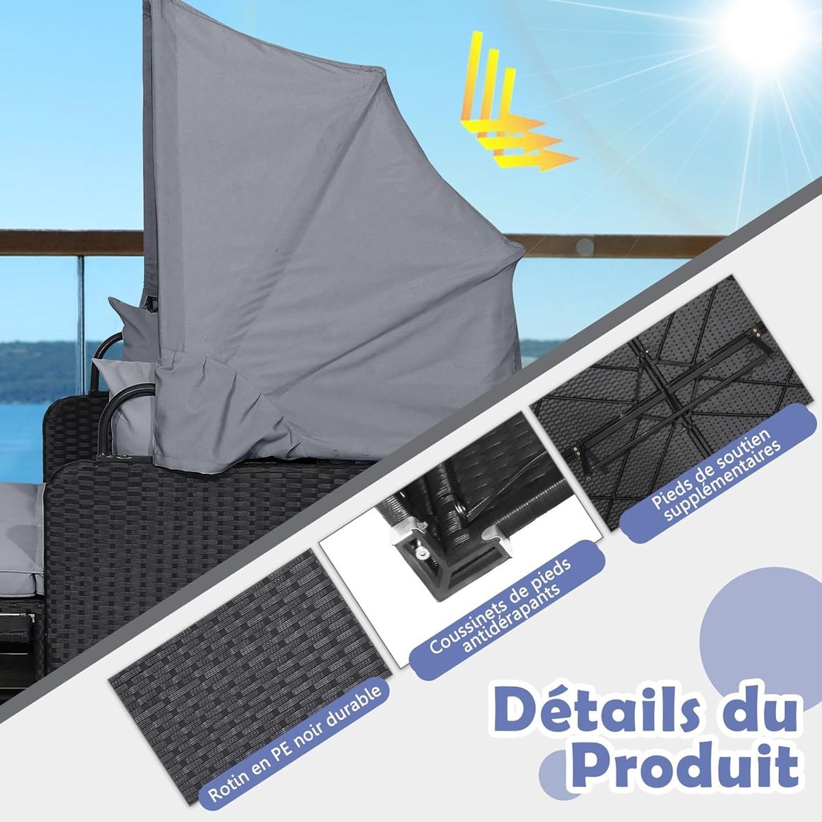 Chaise Longue à 2 Places en Rotin avec Auvent Rétractable Bain de Soleil avec Panneaux Latéraux Pliables Charge 360KG Beige/Gris - Lidl-Manfred