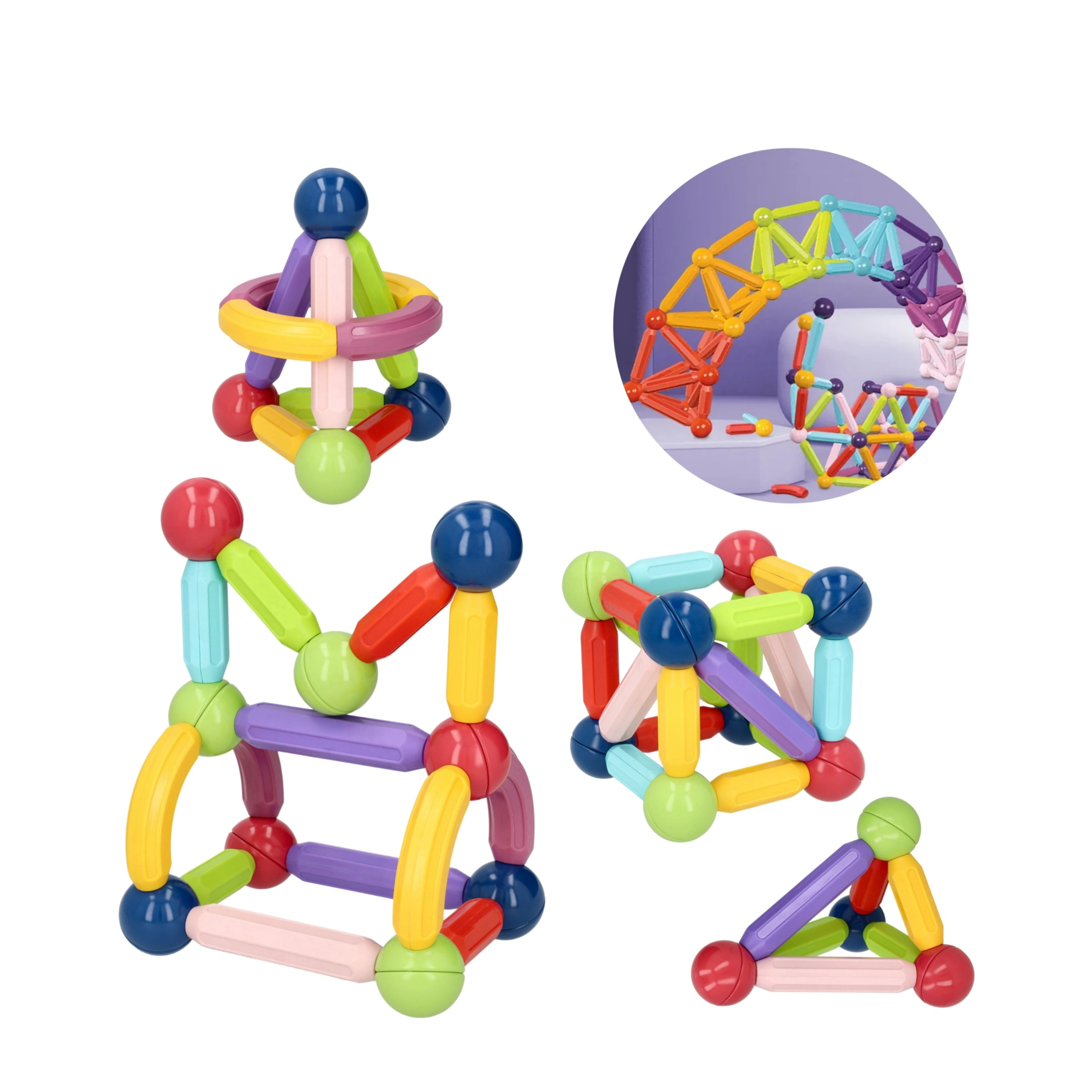 (133-tlg. Set) 3in1 Magnet Bausteine DIY Kinder Spielzeug Lernspiel inkl. Magnetische Fliesen / Sticks / Pyramiden Bausteine - Bunt