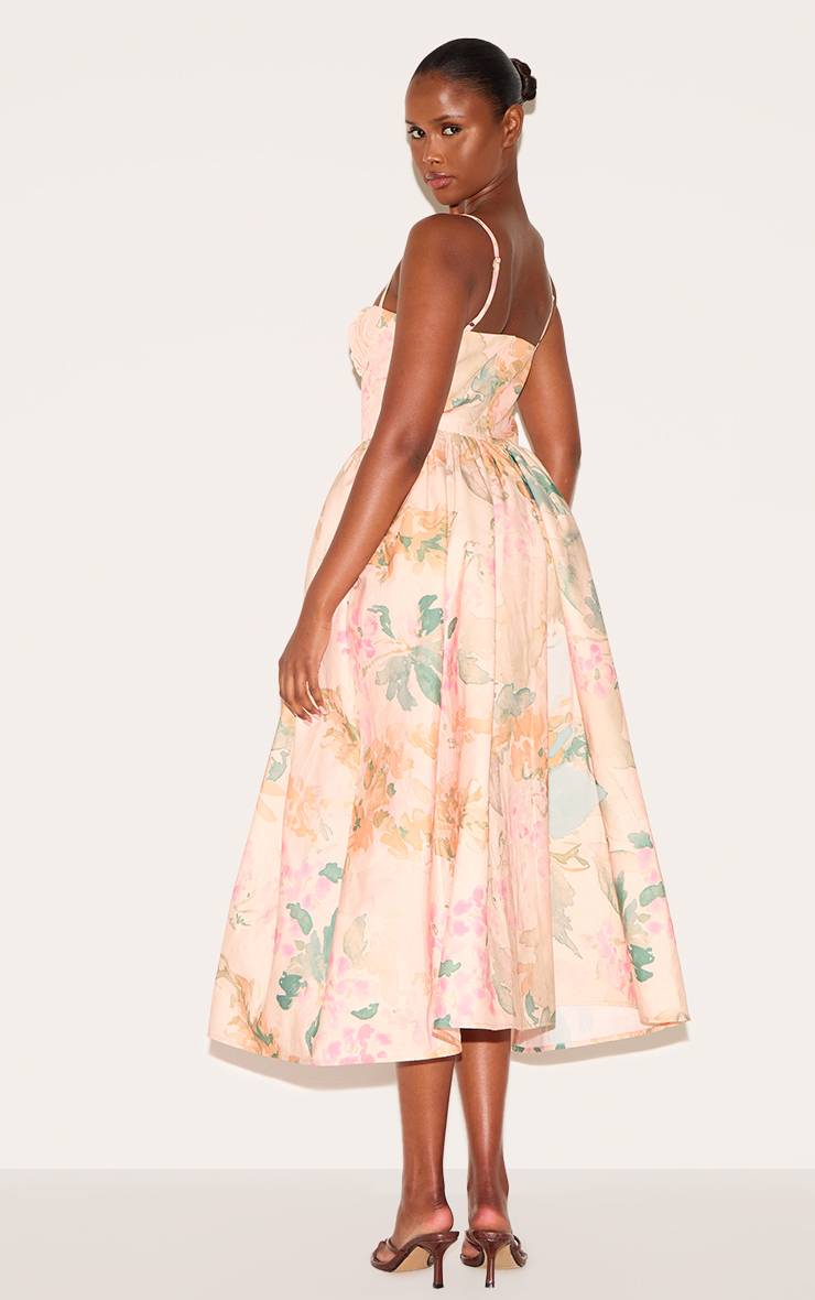 Rose Robe Mi-longue À Bretelles Avec Bustier Froncé À Corset Et Imprimé Floral Abstrait