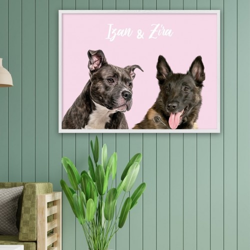Retrato personalizado e realista dos dois animais de estimação, feito pela MascoZoom, com moldura de madeira branca.