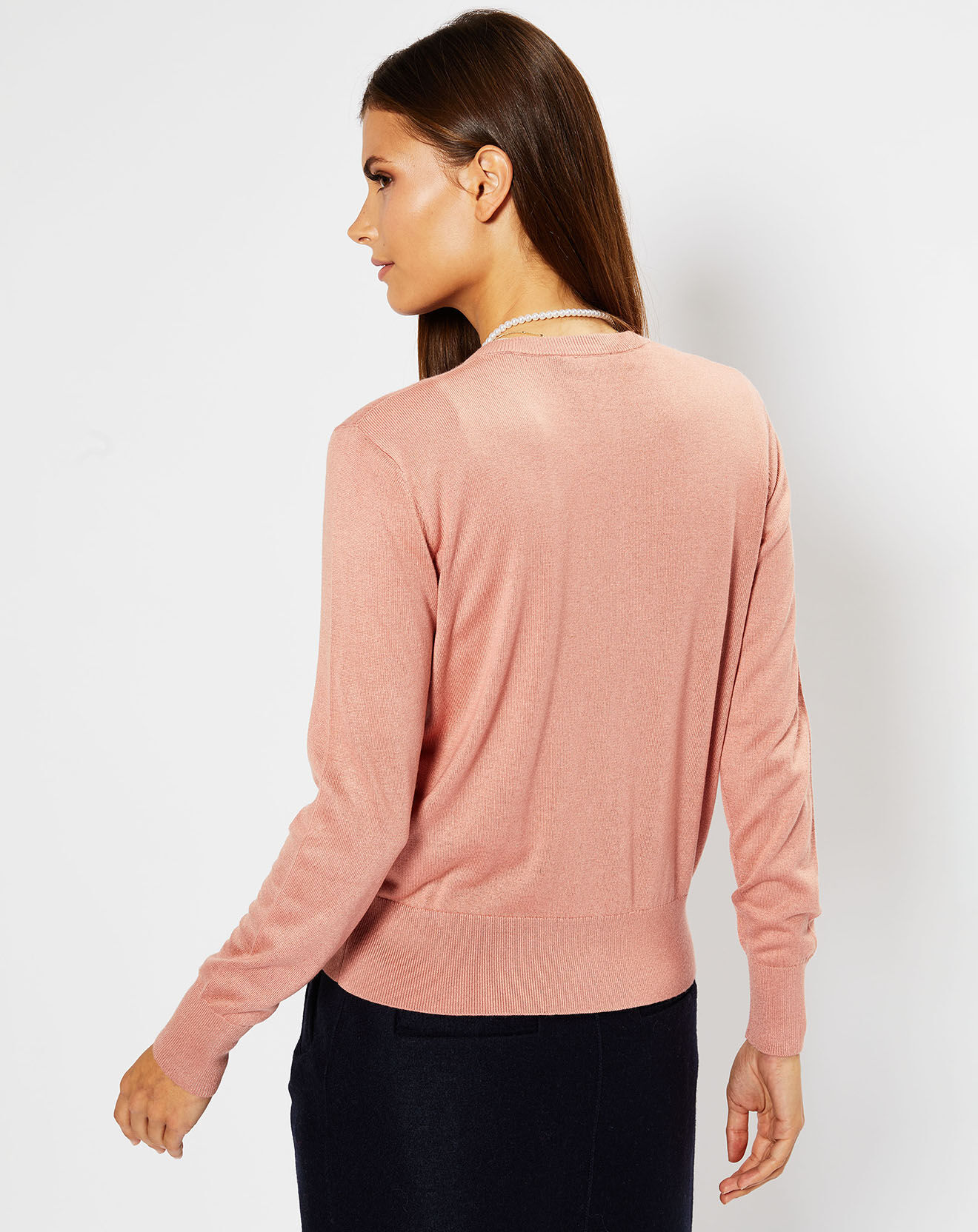 Galeries Lafayette Cardigan en Soie & Cachemire Facaosilk col rond rose