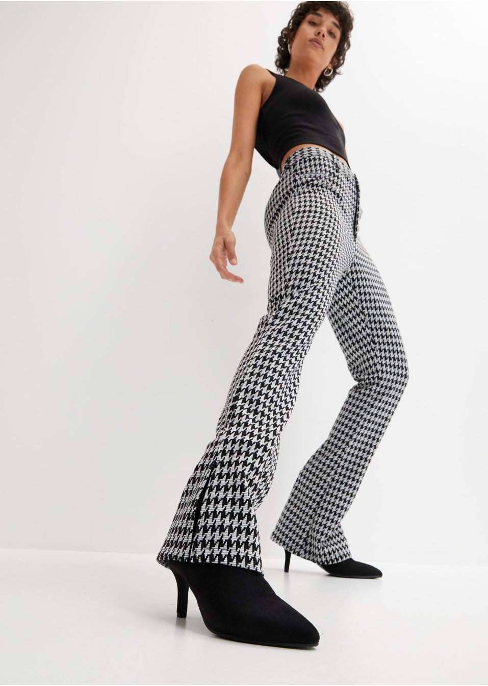 Pantalon jacquard avec fente et motif pied-de-coq