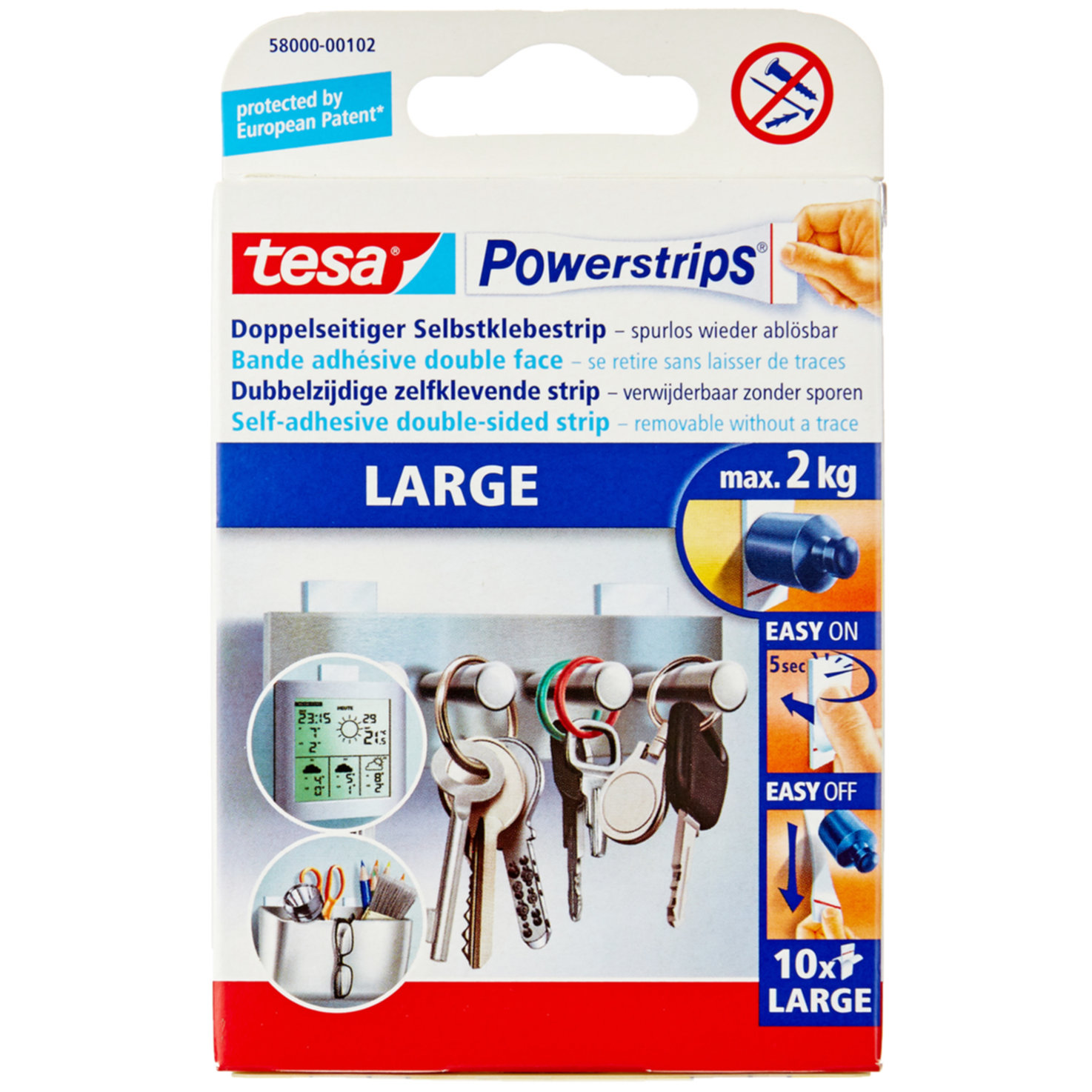 tesa Powerstrips® Doppelseitige Klebestreifen groß - ideal für die temporäre, schadenfreie Befestigung wieder abnehmbarer Objekte bis zu 2kg