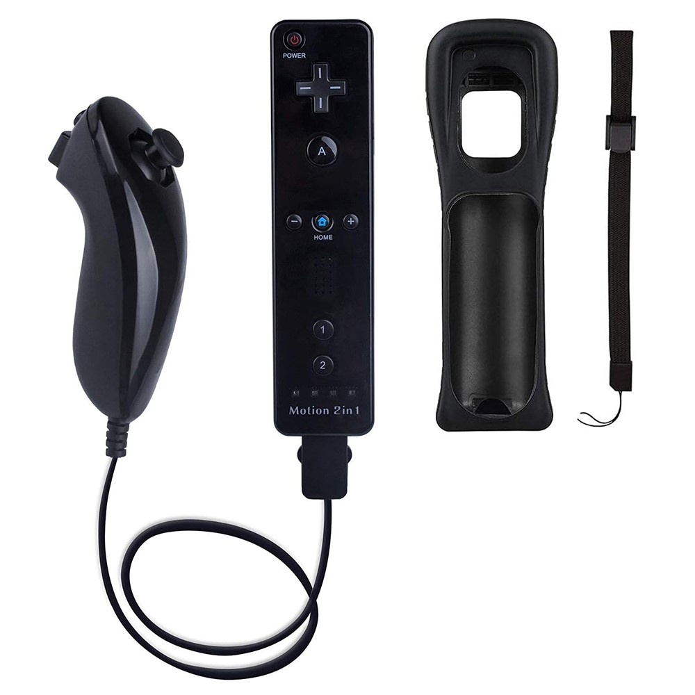 (2-tlg. Set) Nintendo Wii U / Wii Mini / Wii Remote Game Controller mit Silikonhülle und Handschlaufe   Nunchuk Joystick (Motion Plus) - Schwarz