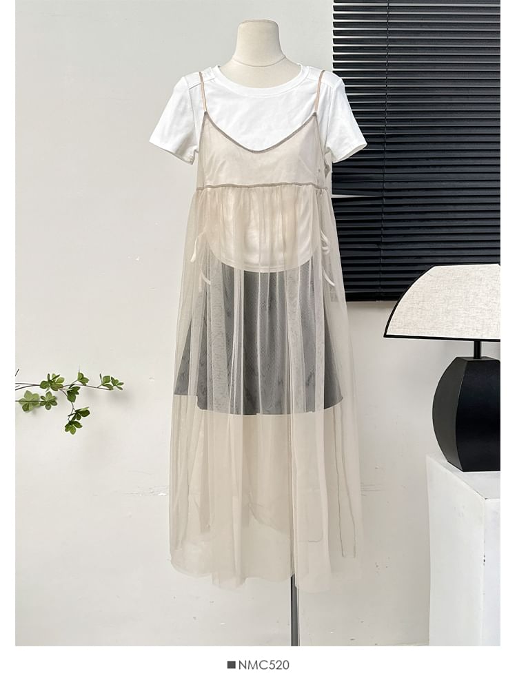 Lemongrass - Mouwloze V-hals mesh lange jurk in 6 kleuren