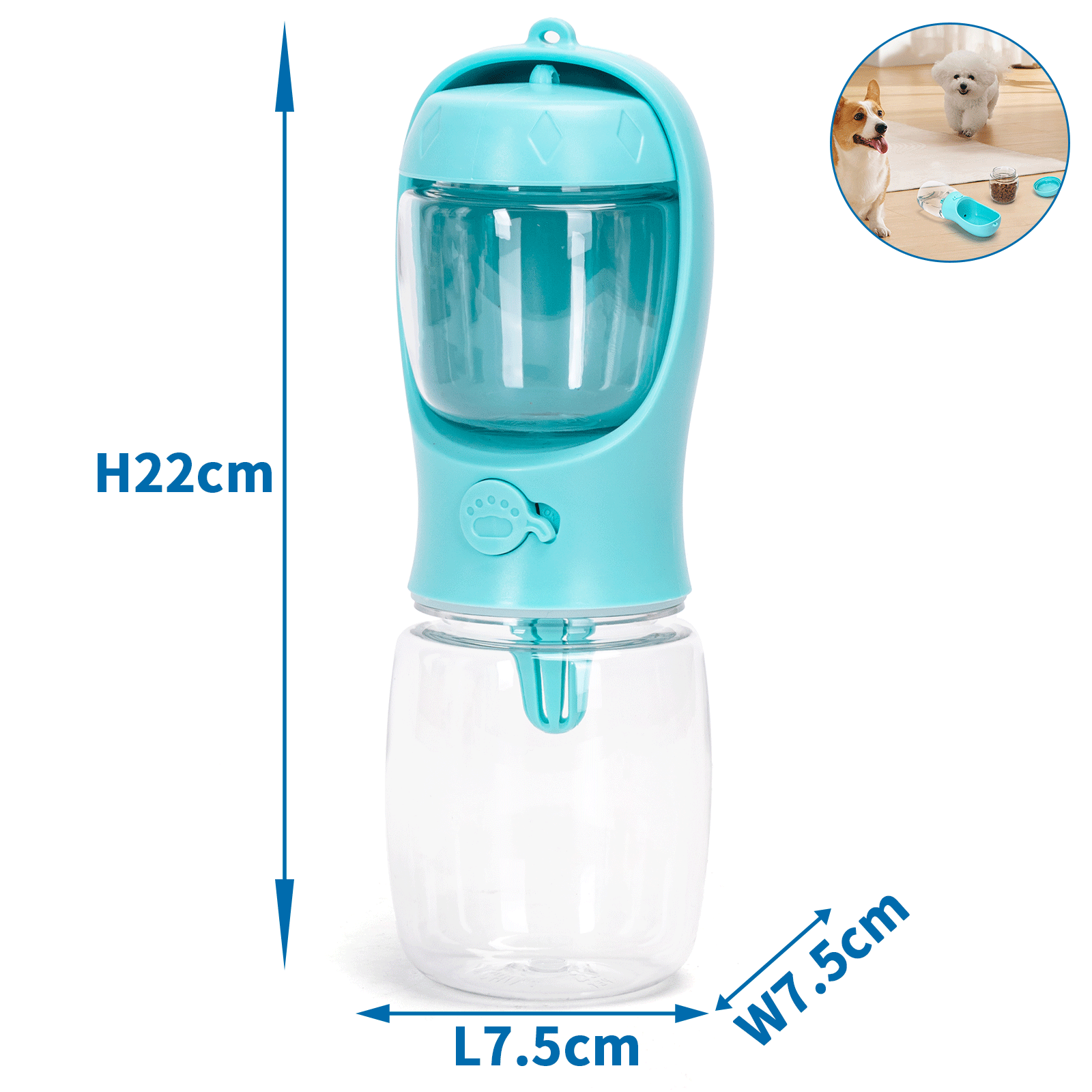 Garrafa de água Nobleza Pet, 350ml, para cães e gatos, com recipiente para ração de 100ml, ideal para passeios, viagens e acampamentos.