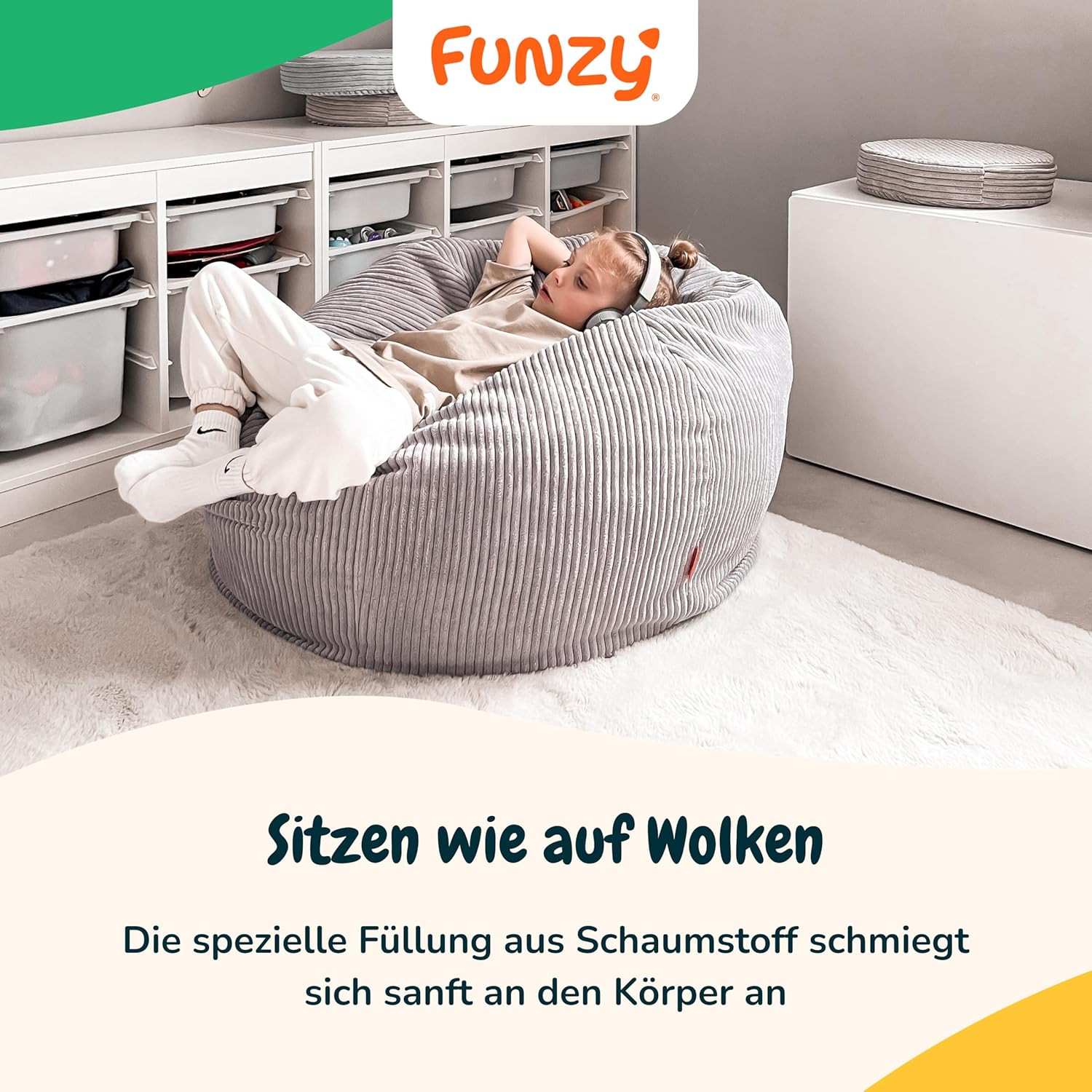 Funzy Sitzsack für Kinder aus Cord mit Füllung aus Schaumstoff, Kindersitzsack für Mädchen und Jungen aus hochwertigen Materialien, Oeko-TEX 100 Zertifiziert mit 3 Jahre Garantie, Koala Grau